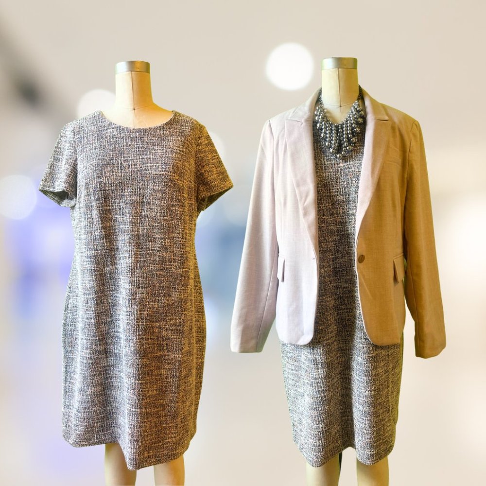 Calvin Klein Short Sleeve Tweed Round Neck Pencil Dress Black Regatta Cream